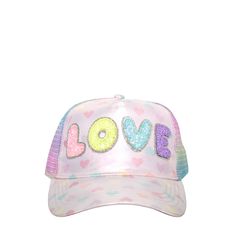 Front view of a metallic rainbow heart printed baseball hat with bedazzled letter appliqués spelling love, and breathable rainbow mesh backing. S Bubble Letter, Rainbow Decal, Heart Baseball, Sporty Chic Style, Butterfly Decal, Bubble Letters, Rainbow Glitter, Whimsical Fashion, Rainbow Print