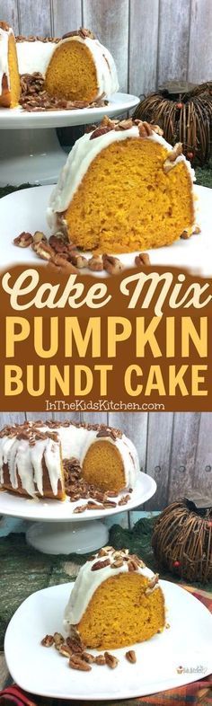 pumpkin bundt cake with white frosting and pecans