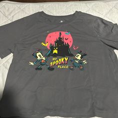 Disney My Spooky Place Halloween Shirt With Minnie And Mickey On Front. New Never Worn Disney Letter Print Top For Fall, Disney Crew Neck Top For Halloween, Fall Disney Character Print Tops, Disney Character Print Tops For Fall, Halloween Mickey Mouse Crew Neck Top, Disney Tops For Streetwear In Fall, Disney Style Top For Fall Streetwear, Fun Tops For Disney Fan Events In Fall, Disney Halloween Short Sleeve Tops