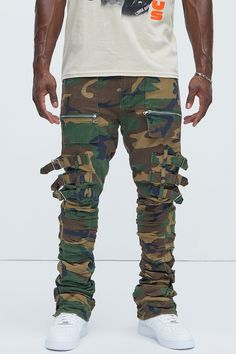 Available In Camouflage. Stacked Skinny Flare Fit 5 Pocket Detail 98% Cotton 2% Spandex Disclaimer: Due To The Specialized Distressing & Printing Process, Each Garment Is Unique. Buckle Detail Cargo Zipper Pockets Zip Fly Pleated Detail Button Closure Imported | Mens Pleat Me Down Stacked Skinny Flare Pants in Camouflage size 30 by Fashion Nova Fitted Combat Bottoms With Cargo Pockets, Stretch Military Camouflage Bottoms, Fitted Khaki Cargo Pants For Streetwear, Military Style Fitted Bottoms For Streetwear, Stretch Camouflage Bottoms With Pockets, Fitted Military Style Bottoms For Streetwear, Fitted Military Style Pants For Streetwear, Fitted Khaki Pants For Streetwear, Fitted Camouflage Cargo Pants