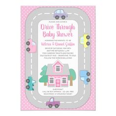 a pink and gray baby shower card with cars on the road in front of it