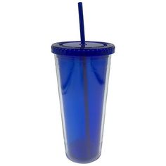 a blue plastic cup with a straw in it