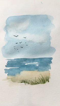 watercolor painting of birds flying over the ocean