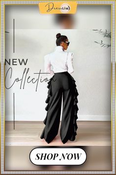 Chic Vintage Ruffles High Waist Wide Leg Pants Chic Spring Wide Leg Pants With Ruffles, Chic Wide Leg Pants With Ruffles For Spring, Fitted Ruffled Workwear Pants, Fitted Ruffled Pants For Workwear, Chic Wide Leg Pants With Ruffles, Chic Summer Wide Leg Pants With Ruffles, Elegant Ruffled Bottoms For Party, Chic Ruffled Pants For Workwear, Chic Wide Leg Ruffled Pants