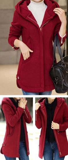 Wine Red Hooded Collar Zipper Up Curved Coat. Red Coat, Red Jacket, Wine Red, What To Wear, Winter Outfits, Cardigans, Fall Outfits