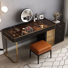 a dressing table with a mirror, stool and other items on it in a room