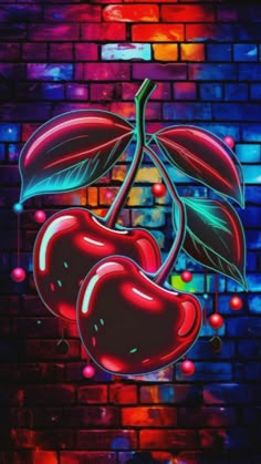 a painting of two cherries on a brick wall with neon lights in the background