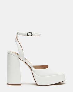 CAROLYN ICE LEATHER Platform Bridal Heels, Steve Madden White Heels, Trendy Block Heels With Chunky Platform And Square Toe, Bridal Shoes Block Heel, Satin Platform Heels, White Ankle Strap Heels, Block Heels Wedding, White Platform Heels, Bride Heels