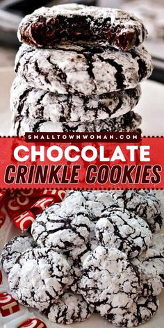 chocolate crinkle cookies stacked on top of each other with the title above it