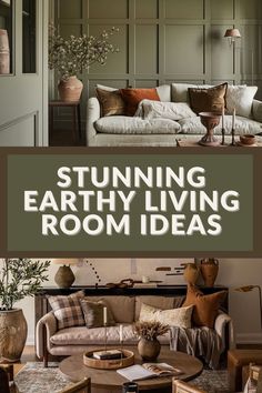 Small Lounge Ideas Colour Schemes, House Decor With Tan Walls, Charcoal Cream Living Room, Olive Green Boho Living Room, Muted Colour Palette Living Room, Home Decoration Inspiration, Neutral Earthy Moody Living Room, Nature Inspired Living Room Cozy, Calming Living Rooms