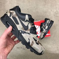 Custom Painted Desert Camo Nike Air Max 90 Sneakers Black Nike Air Max, Painted Nikes, Camo Shoes, Painted Desert, Painted Sneakers, Custom Kicks, Desert Camo, Nike Air Max Tn