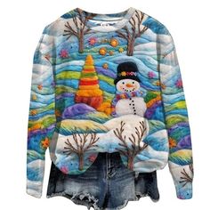 Patlollav Winter Womens Christmas Tops Round Neck Long Sleeve Loose Fitting Sweater Size: XL.  Color: Black.  Gender: female.  Age Group: adult. Colorful Snowman, Christmas Colorful, Ugly Christmas Sweater Women, Christmas Sweaters For Women, Round Neck Shirt, Boyfriend Jean, Funny Prints, Estilo Chic, Holiday Sweater