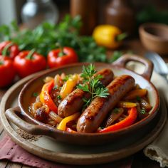 sausages and peppers in a bowl on a wooden table with tomatoes, parsley