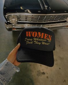 WOMEN DOING WHAT THEY WANT The Details Trucker hats are here! These are structured and mid-profile foam trucker hats with "Women Doing Whatever The Fuck They Want" printed directly onto the front Content + Care 100% Polyester foam front, mesh back Adjustable snap back closure Wash cold and hang dry Trucker Hat Outfit, Custom Fitted Hats, Funny Trucker Hat, Custom Trucker Hats, Hat Ideas, Gym Gear, Outfits With Hats, Cute Hats, Hats For Sale