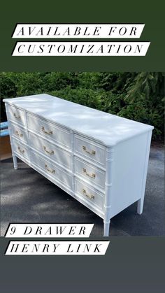 an old dresser is painted white and has gold hardware on the top, with text overlaying it that says available for customization