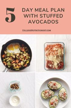 the top five meal plan with stuffed avocados and other foods in it, including eggs