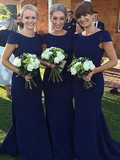 Classy Short Sleeves Satin Bridesmaid Dresses Navy Blue Bridesmaid Dresses Short, Bridesmaid Dresses Long Blue, Short Sleeve Bridesmaid Dress, Ruffles Bridesmaid Dresses, Navy Blue Bridesmaids, Bridesmaid Dresses 2018, Navy Blue Bridesmaid Dresses, Simple Bridesmaid Dresses, Bridesmaid Dressing Gowns