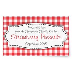 a red and white gingham table cloth with the words, made with love from the