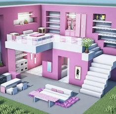 a doll house is shown with pink walls and white steps leading up to the upper floor