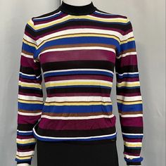 Rachel Roy Victorian Striped Sweater Brand New With Tags Size: Large Victorian Violet Striped Stretch Knit Machine Wash Material: 74% Viscose, 15% Nylon, 10% Polyester, 1% Crew & Scoop Necks Casual Color Block Turtleneck Top, Retro Tops For Layering, Multicolor Turtleneck Tops For Fall, Criss Cross Sweater, Lace Trim Sweater, Blush Sweater, Charcoal Sweater, Roy Black, Light Pink Sweaters