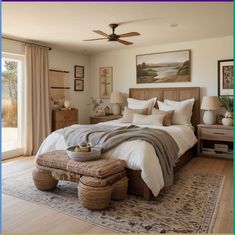 a bedroom with a large bed and wooden furniture