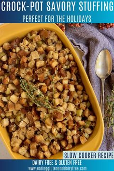 a yellow bowl filled with stuffing next to a spoon and napkin on top of a table