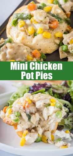 this is an image of chicken pot pies with vegetables on top and in the middle