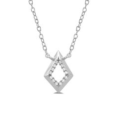 Here is an edgier option for a minimalist diamond necklace. This piece features a geometric pendant in the shape of a diamond. The cut-out silhouette is complemented by a knife-edge profile. Tracing the inner diamond cut-out are round diamond gemstones that deliver a flattering, subtle shimmer.