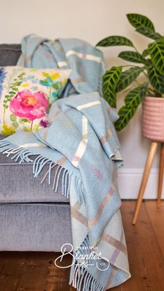 a blue blanket sitting on top of a couch next to a potted plant