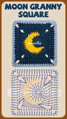 two crocheted squares with the words moon granny square written in blue and yellow