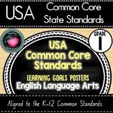 the usa common core standards for learning language arts and spelling with an american flag background