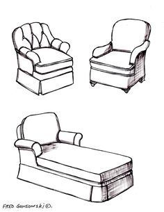 three different types of chairs with arms and legs, one in the process of drawing