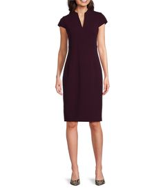 From Calvin Klein&#x2C; this dress features:scuba crepe fabricationsheath silhouettesplit v-necklineShort sleeveslinedcenter back zip closureapprox. 40.5" in lengthpolyester/spandexdry cleanImported. Elegant Fitted Midi Dress With Split Neck, Elegant Fitted Dress With Split Neck, V-neck Elastane Bodycon Dress For Work, Casual Wedding Guest Dresses, Calvin Klein Shorts, Daytime Dresses, Midi Sheath Dress, Dillard's, Sheath Dress