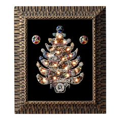 A vintage, mid-century, hand-made Christmas tree with costume jewelry on black velvet, in a bronze gilt brutalist frame, with holes in the back for twinkle lights. The twinkle lights are just bought, and they pop out for storage and shipping. Costume Jewelry Christmas Tree, Christmas Tree Collage, Jewelry Trees, Old Jewelry Crafts, Costume Jewelry Crafts, Tree Project, Jeweled Christmas Trees, Framed Jewelry, Jewelry Frames