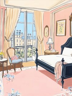 a drawing of a bedroom with pink walls