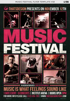 the music festival flyer is shown in pink and black colors, with images of people playing instruments