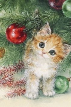 a painting of a kitten under a christmas tree