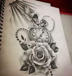 a drawing of a rose with an alarm clock on it