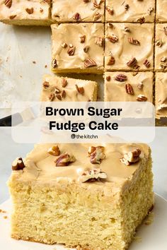 brown sugar fudge cake on a white plate with pecans in the background and text overlay that reads, brown sugar fudge cake