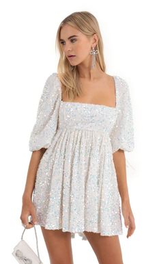 Afia Velvet Sequin Baby Doll Dress in White | Lucy in the Sky Summer Casual Style, Socialite Style, Sequin Mini Skirt, Sequin Mini Skirts, Loose Outfit, Summer Style Casual, Sequin Mini, Casual Summer Dresses, Hem Dress