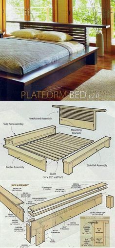 the plans for a bed frame and headboard are shown in two different views, one with