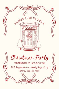 a christmas party flyer with an image of a door and ribbon around the front of it