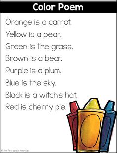 an orange is a carrot yellow is a pear green is the grass brown is a bear purple is a plum blue is the sky red is a cherry pie