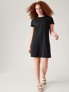 Essential Tee Dress | Athleta Stretch Cotton Mini Dress For Daywear, Fitted Cotton T-shirt Dress With Short Sleeves, Fitted Cotton Mini T-shirt Dress, Fitted Cotton T-shirt Dress Mini Length, Summer Fitted Cotton T-shirt Dress, Fitted Cotton T-shirt Dress For Summer, Fitted Black Cotton T-shirt Dress, Athleta Dress, Work And Travel