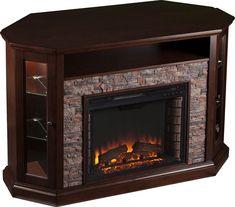 an electric fireplace in a wooden cabinet