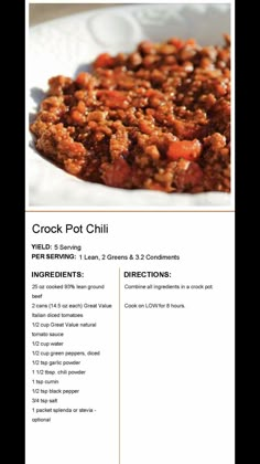 the recipe for crock - pot chili is shown in this brochure format