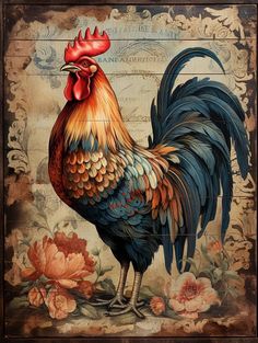 a painting of a rooster standing in front of flowers