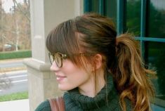 Long Bangs With Ponytail, Best Bangs For Ponytail, Fringe With Ponytail, Ponytail With Wispy Bangs, Casual Updo With Bangs, Ponytail With Fringe Bangs, Arch Bangs, Short Hair With Bangs And Glasses, Ponytail With Fringe