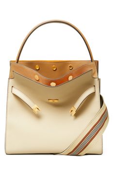 Inspired by and named for late style icon Lee Radziwill, this satchel is a study of contrasts with its mixed leather and soft, yet structured shape. Its multicompartment design can be snapped in different ways or left open, which is meant to conceptually mimic an unfolding outerwear collar. Structured silhouette with flat base for stability Cotton lining Leather Imported Designer Tan Satchel With Removable Pouch, Designer Beige Calf Leather Bag, High-end Top Handle Satchel With Leather Lining, Cream Calf Leather Bag With Leather Lining, Beige Top Handle Satchel With Leather Lining, Designer Calf Leather Satchel With Gold-tone Hardware, Designer Cream Bag With Leather Lining, High-end Beige Bag With Leather Lining, Cream Calf Leather Bag With Gold-tone Hardware