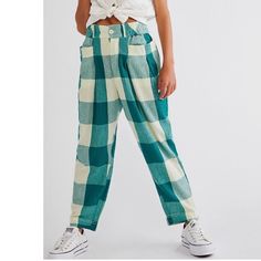 Free People Make A Stand Plaid Trousers Blue Green Aqua And Cream. New Without Tags! ***Color Is Shown In First And Last Photos, All Other Photos Are To Show Style*** Blue Tapered Leg Bottoms For Day Out, Trendy Plaid Bottoms For Day Out, Casual Blue Patchwork Pants, Plaid High Waist Bottoms For Day Out, Casual Plaid Bottoms For Spring, Casual Plaid Pants For Spring, Summer Relaxed Fit Plaid Pants, Trendy Plaid Pants For Summer, Summer Plaid Relaxed Fit Pants